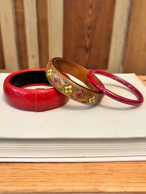 Faux Leather, Wood & Glass Bangle Lot-Vintage